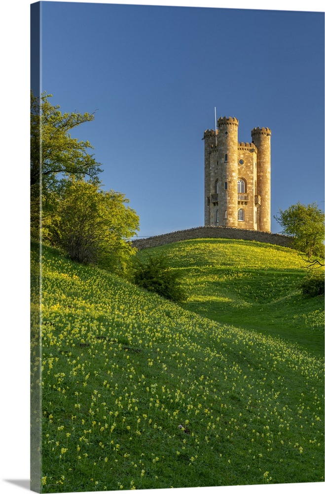 Broadway Tower, a folly above the town of Broadway in the Cotswolds, Worcestershire, England. Spring (May) 2021.