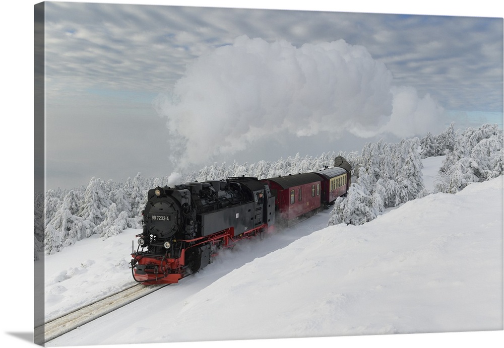 Brockenbahn on the way to the winter snow-covered Brocken, Harz, Schierke, Saxony-Anhalt, Germany, Europe.