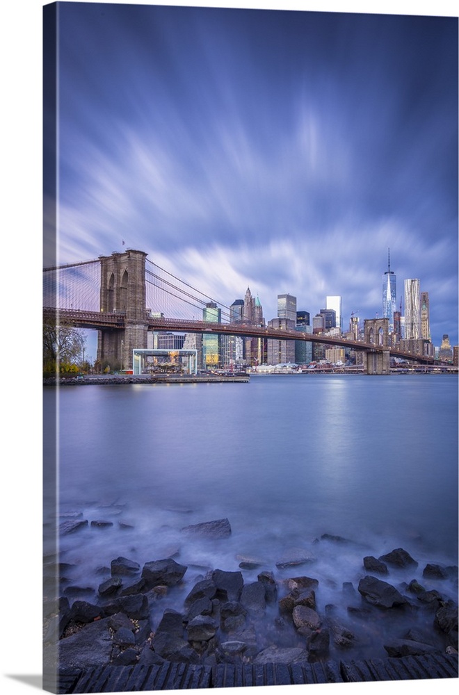 Brooklyn Bridge and Lower Manhattan/Downtown, New York City, New York, USA.