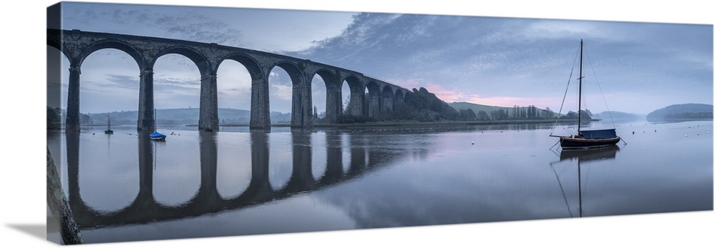 Brunel's St German's Viaduct at dawn, St German's, Cornwall, England. Spring (March) 2021.