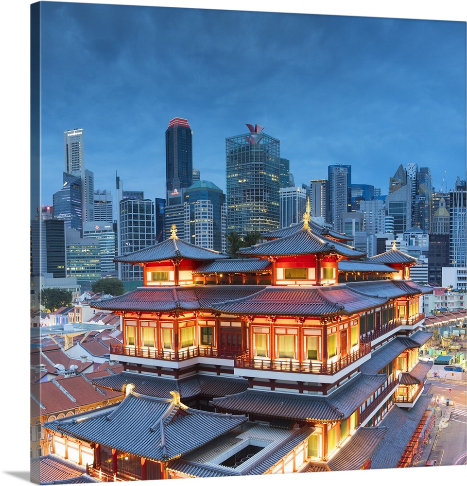 Buddha Tooth Relic Temple and skyscrapers, Chinatown, Singapore.