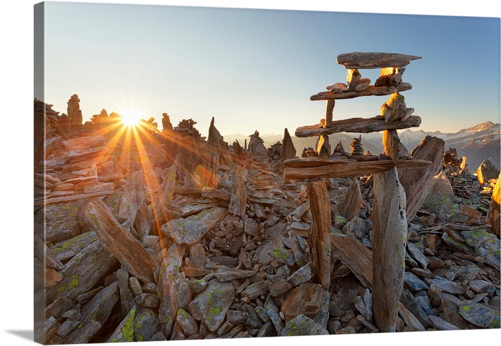 Cairns on summit of Peterskopfl, Zillertal Alps, Tyrol, Schwaz district, Austria.