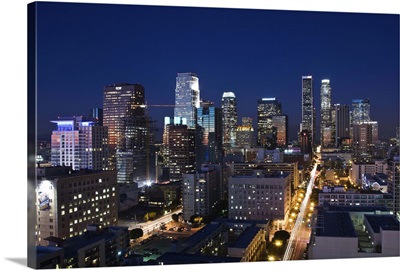 California, Los Angeles, aerial view of downtown from West 11th Street, dusk