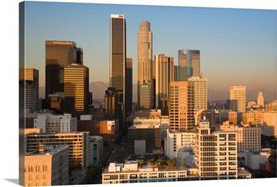 California, Los Angeles, aerial view of downtown from West 11th Street, sunset