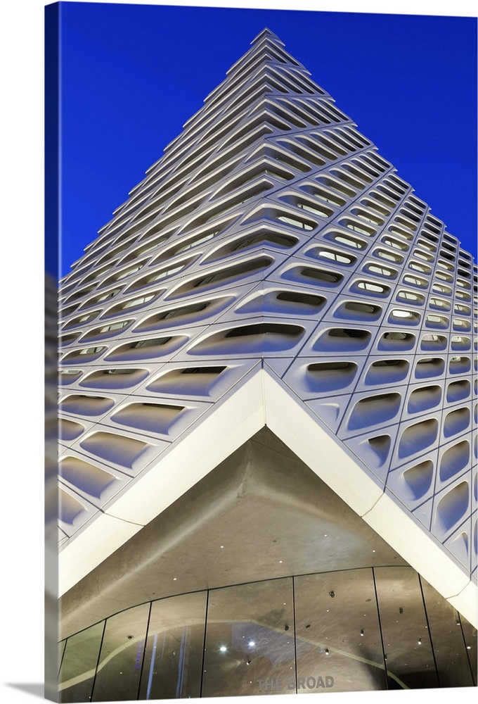 USA, California, Los Angeles, The Broad, contemporary art museum, built 2015, exterior, dusk.