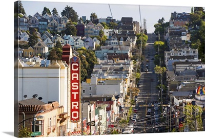 California, San Francisco, Aerial view of Castro street and the surrounding rooftops