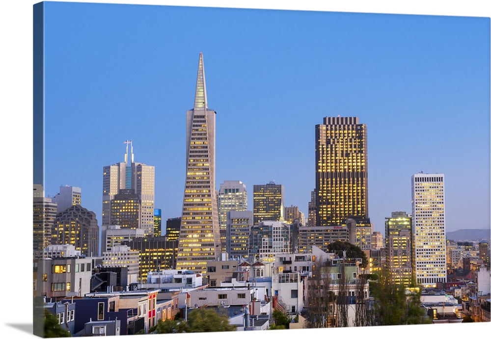 North America, USA, America, California, San Francisco, Alamo Square, Downtown and the Tranamerica Pyramid at dusk.