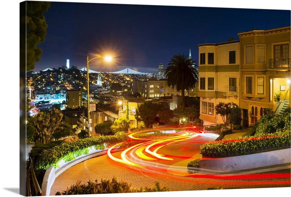 North America, USA, America, California, San Francisco, car passing down Lombard Street at night.