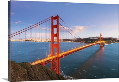 California, San Francisco, Dusk over the Golden Gate bridge and San Francisco Bay