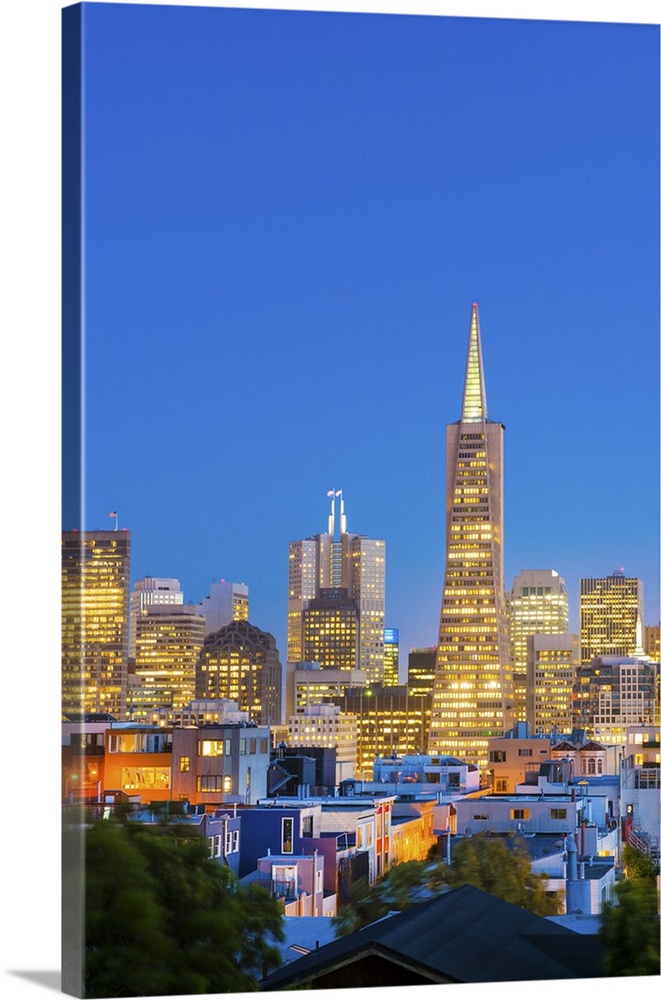 North America, USA, America, California, San Francisco, Transamerica building and downtown skyline at dusk.