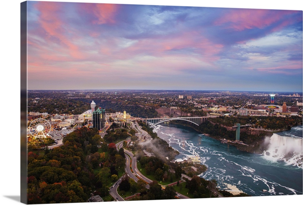 Canada and USA, Ontario and New York State, Niagara, Niagara Falls, View over Victoria Park towards Rainbow Bridge and The...