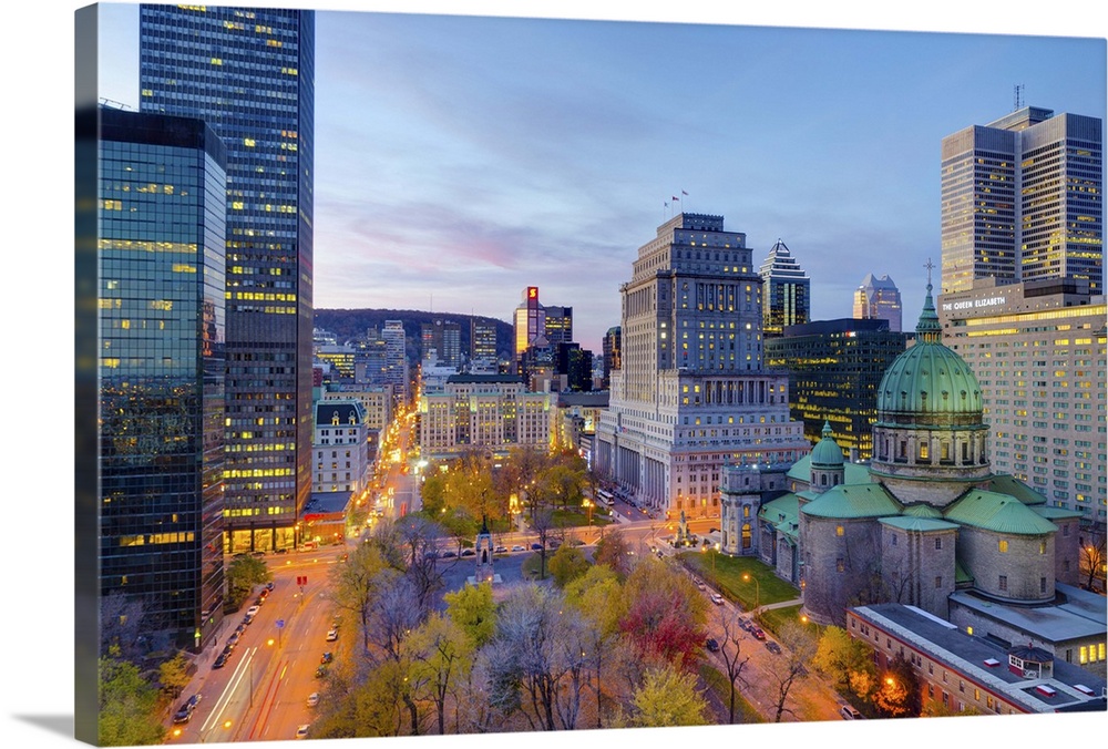 Canada, Quebec, Montreal. Downtown Montreal, Place du Canada and Dorchester Square, Cathedral-Basilica of Mary, Queen of t...