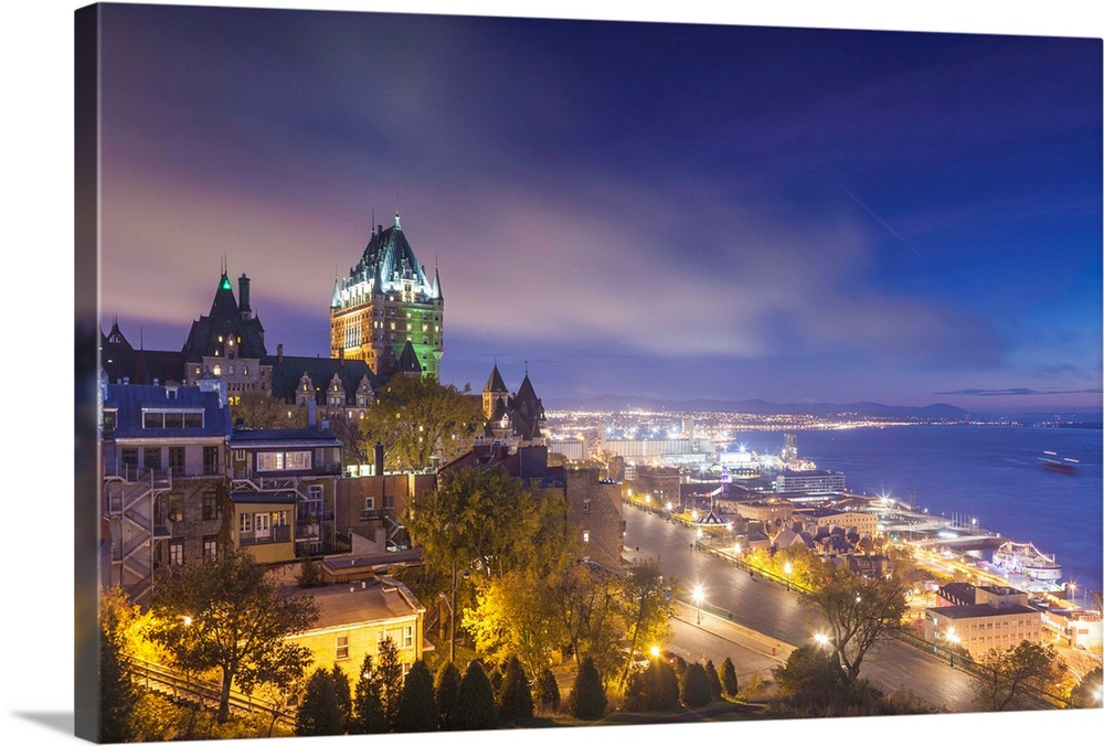 Canada, Quebec, Quebec City, Elevated Skyline With Chateau Frontenac Hotel, Dawn, Fog