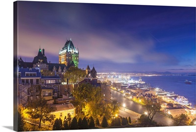 Canada, Quebec, Quebec City, Elevated Skyline With Chateau Frontenac Hotel, Dawn, Fog