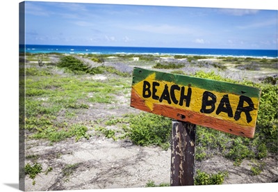 Caribbean, Aruba, San Nicolas District, Wood Sign In The Boca Grandi Beach