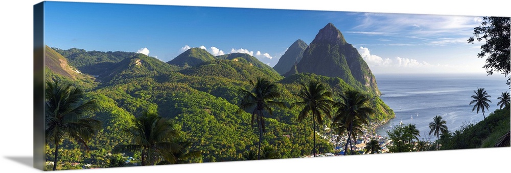 Caribbean, St Lucia, Petit (near) and Gros Piton Mountains (UNESCO World Heritage Site) above town of Soufriere