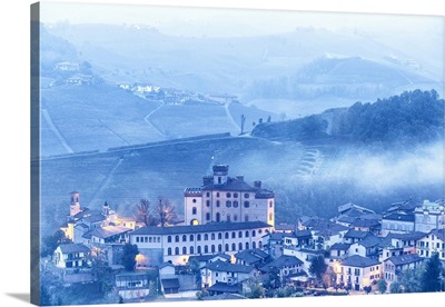 Castle And Village Of Barolo During A Foggy Dusk, Langhe, Piedmont, Italy