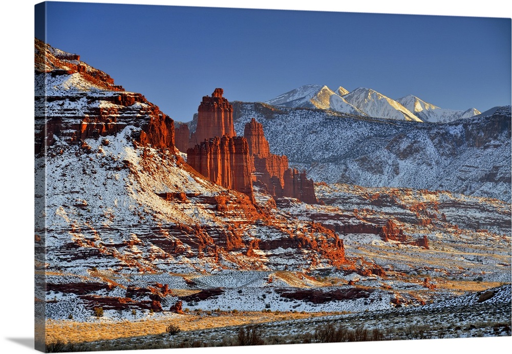 Castle Valley and La Sal Mountains in winter near sunset, Colordao Riverway Recreation Area, Utah, USA