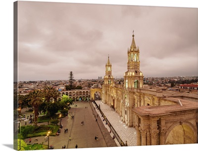 Cathedral at twilight, Plaza de Armas, elevated view, Arequipa, Peru