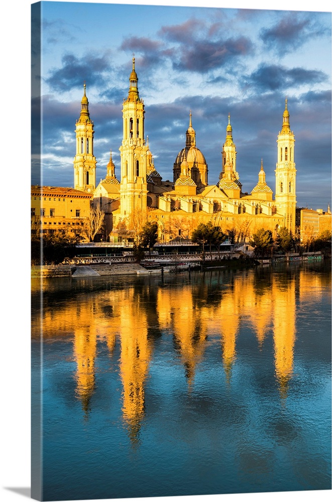 Cathedral Of Our Lady Of The Pillar Reflected In Ebro River At Sunrise. Zaragoza, Aragon, Spain