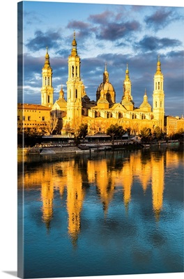 Cathedral Of Our Lady Of The Pillar Reflected In Ebro River At Sunrise, Spain