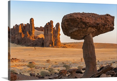 Chad, Chigeou, Ennedi, Sahara, Weathered red sandstone in a desert landscape