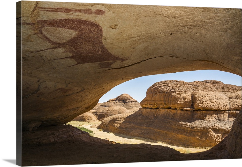 Chad, Terkei East, Ennedi, Sahara. A huge painting of cows and human figures on the ceiling of a large rock shelter.