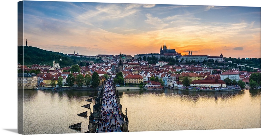 Czech Republic, Prague. Charles Bridge and Prague Castle on the Vltava River at sunset, from Old Town Bridge Tower.