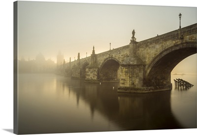 Charles Bridge With Mist At Sunrise, Prague, Bohemia, Czech Republic