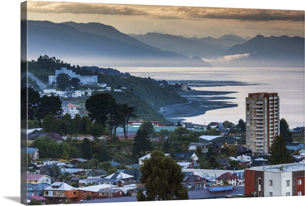 Chile, Los Lagos Region, Puerto Montt, elevated town view, dawn
