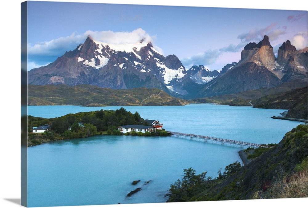 Chile, Magallanes Region, Torres del Paine National Park, Lago Pehoe, elevated view of Hosteria Pehoe, dawn