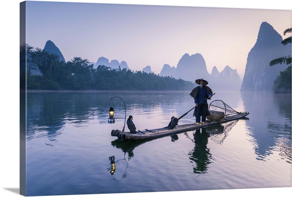 China, Guanxi, Yangshuo. Old chinese fisherman at sunrise on the Li river, fishing with cormorants (MR)