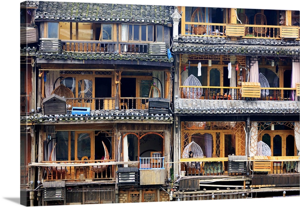 China, Hunan province, Fenghuang, riverside houses.