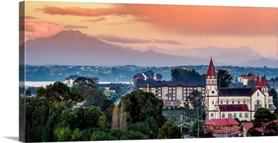 Church And Calbuco Volcano At Sunset, Puerto Varas, Llanquihue Province, Chile