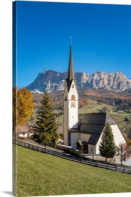 Church Of Stern Or La Villa In Front Of The Heiligkreuzkofel, South Tyrol, Italy