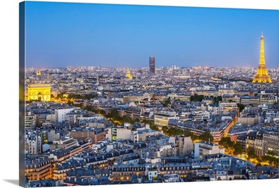 City, Arc de Triomphe and the Eiffel Tower, viewed over rooftops, Paris, France