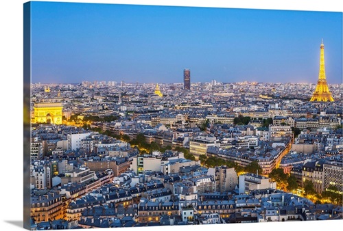 City, Arc de Triomphe and the Eiffel Tower, viewed over rooftops, Paris ...