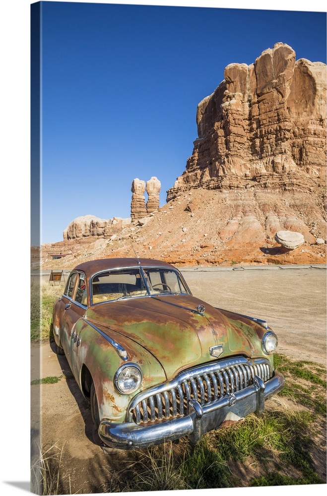 Classic 50's Car, Twin Rocks, Cow Canyon Trading Post, Bluff, Utah, USA  Solid-Faced Canvas Print
