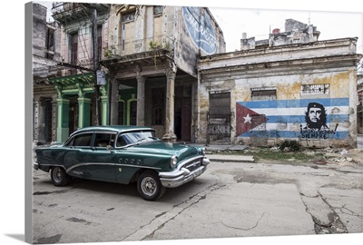 Classic American car and Cuban flag, Habana Vieja, Havana, Cuba