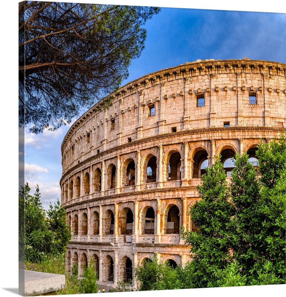 Clear sky at sunset over Coliseum surrounded by lush trees, Rome, Lazio, Italy