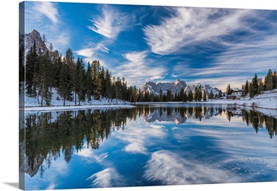 Clouds Reflecting In Lake Antorno, Dolomites, South Tyrol, Italy