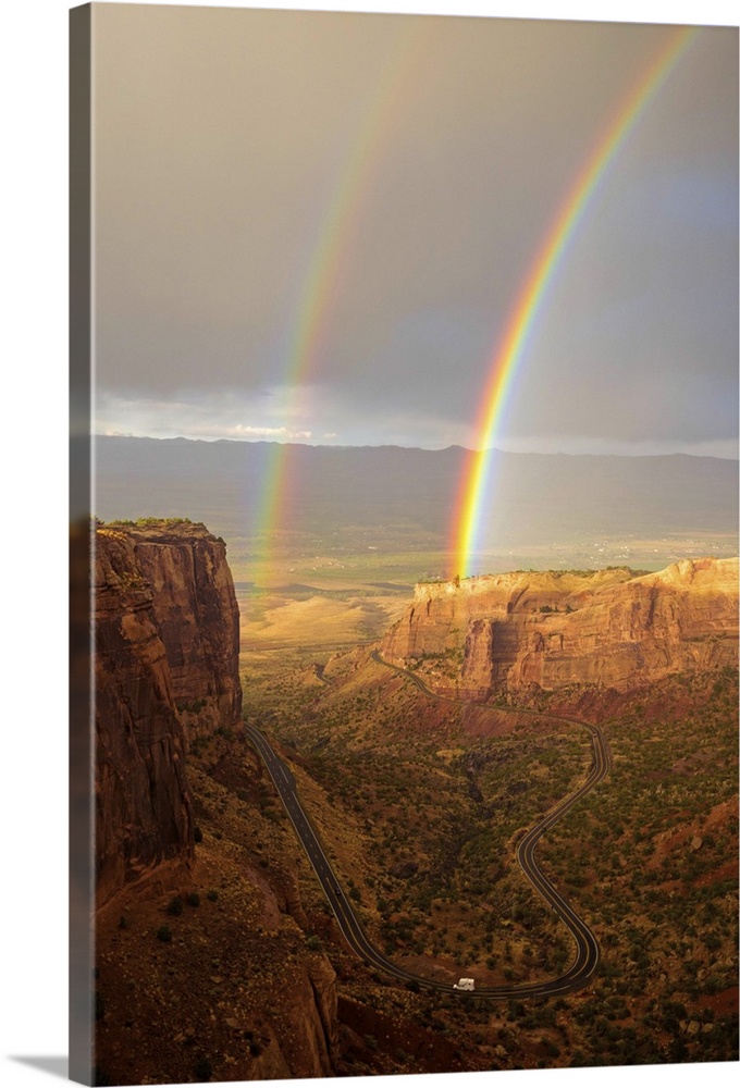 USA, Colorado, Mesa County, Double rainbow in the Colorado National Monument.