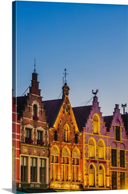 Colored Houses Facades In Market Square In Bruges By Night