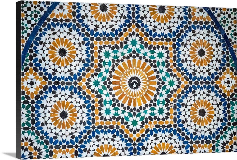 Morocco, Marrakech-Safi (Marrakesh-Tensift-El Haouz) region, Marrakesh. Colorful tiled mosaic at Marrakech Museum, housed ...
