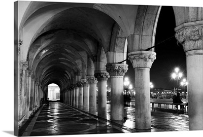 Columns of The Doge's Palace at night, Venice, Veneto region, Italy