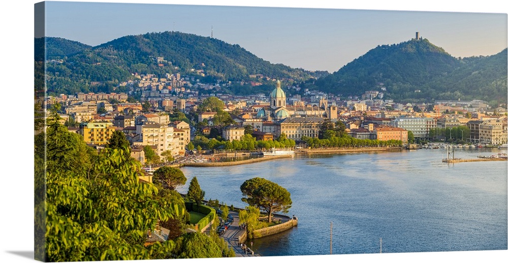 Como, Lombardy, Italy. High angle view cityscape of Como and the lake front, with the Cathedral of Assumption of the Bless...