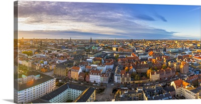 Copenhagen, Hovedstaden, Denmark. High angle view over the old town at sunset
