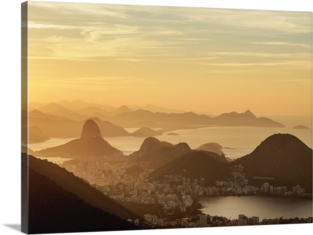 View towards Corcovado and Sugarloaf Mountains from Tijuca Forest National Park at sunrise, Rio de Jan Christophereiro, Br...