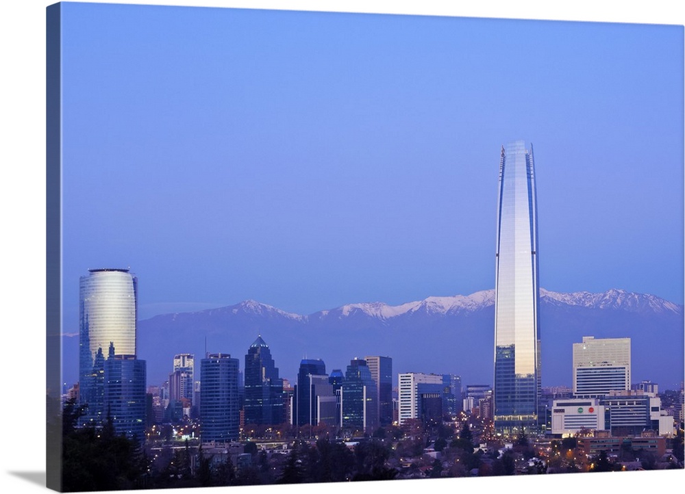 Chile, Santiago, Twilight view from the Parque Metropolitano towards the high raised buildings with Costanera Center Tower...