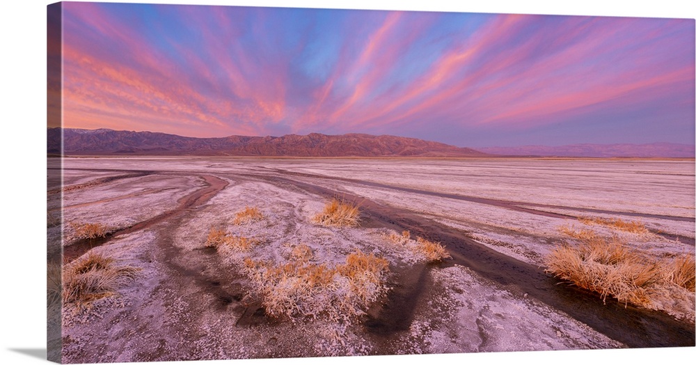 Cottonball Basin salt flats, channels and Panamint Mountains at sunrise, Death Valley National Park, California, USA